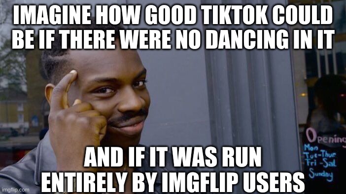 IMAGINE ALLL THE PEEOPLEEEE | IMAGINE HOW GOOD TIKTOK COULD BE IF THERE WERE NO DANCING IN IT; AND IF IT WAS RUN ENTIRELY BY IMGFLIP USERS | image tagged in memes,roll safe think about it,tik tok,imgflip users,funny,think about it | made w/ Imgflip meme maker