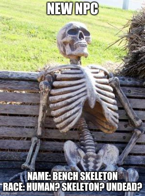Waiting Skeleton | NEW NPC; NAME: BENCH SKELETON
RACE: HUMAN? SKELETON? UNDEAD? | image tagged in memes,waiting skeleton | made w/ Imgflip meme maker