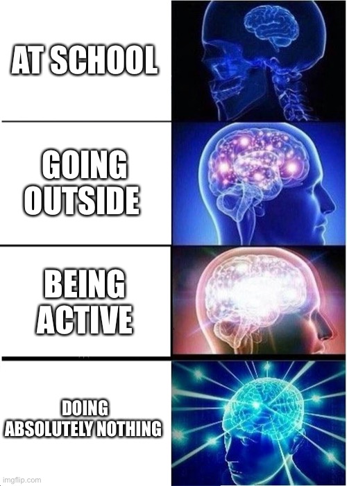 Expanding Brain Meme | AT SCHOOL; GOING OUTSIDE; BEING ACTIVE; DOING ABSOLUTELY NOTHING | image tagged in memes,expanding brain | made w/ Imgflip meme maker