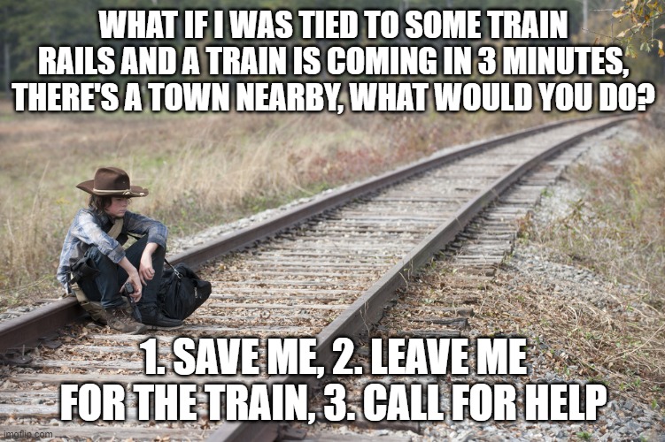 walking dead train tracks | WHAT IF I WAS TIED TO SOME TRAIN RAILS AND A TRAIN IS COMING IN 3 MINUTES, THERE'S A TOWN NEARBY, WHAT WOULD YOU DO? 1. SAVE ME, 2. LEAVE ME FOR THE TRAIN, 3. CALL FOR HELP | image tagged in walking dead train tracks | made w/ Imgflip meme maker