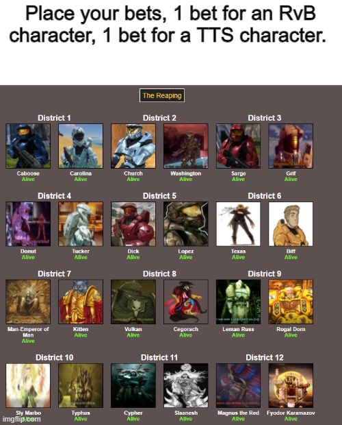 Place your bets, 1 bet for an RvB character, 1 bet for a TTS character. | image tagged in hunger games | made w/ Imgflip meme maker