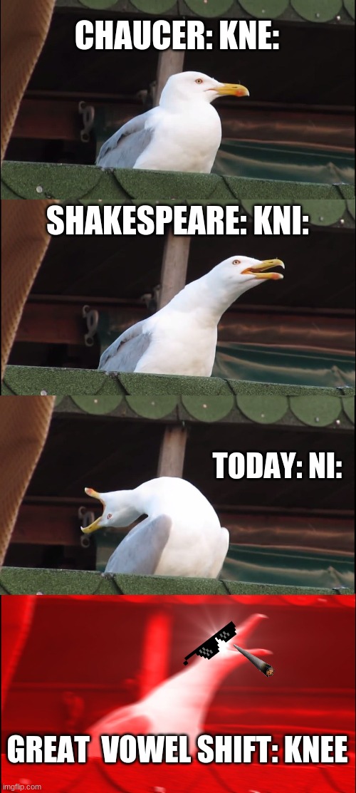 Great Vowel Shift Meme | CHAUCER: KNE:; SHAKESPEARE: KNI:; TODAY: NI:; GREAT  VOWEL SHIFT: KNEE | image tagged in memes,inhaling seagull | made w/ Imgflip meme maker