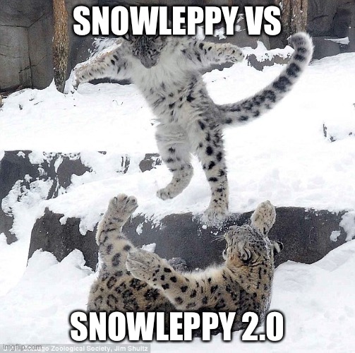 snow leopard | SNOWLEPPY VS; SNOWLEPPY 2.0 | image tagged in snow leopard | made w/ Imgflip meme maker