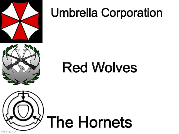 Blank White Template | Umbrella Corporation; Red Wolves; The Hornets | image tagged in blank white template | made w/ Imgflip meme maker