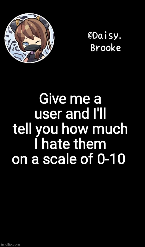 (Got the idea from Memories of Church) | Give me a user and I'll tell you how much I hate them on a scale of 0-10 | image tagged in daisy's new template | made w/ Imgflip meme maker