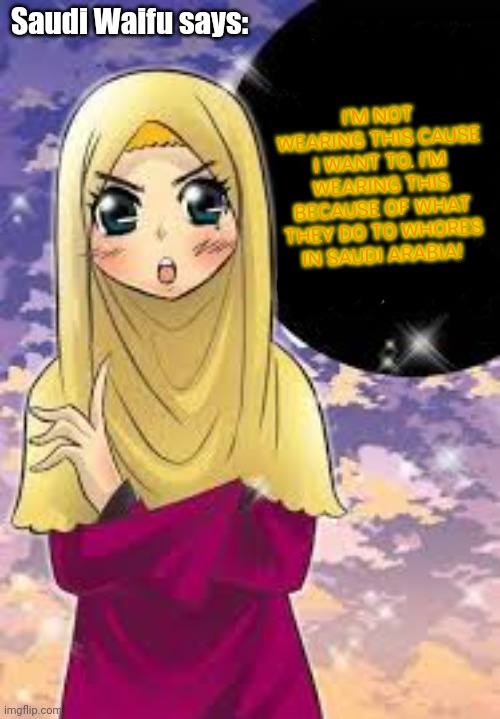 Saudi Waifu says: I'M NOT WEARING THIS CAUSE I WANT TO. I'M WEARING THIS BECAUSE OF WHAT THEY DO TO WHORES IN SAUDI ARABIA! | made w/ Imgflip meme maker