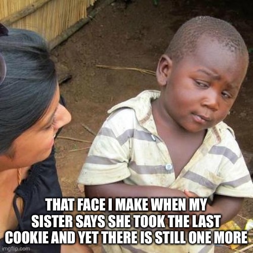 OOOOOOOOP | THAT FACE I MAKE WHEN MY SISTER SAYS SHE TOOK THE LAST COOKIE AND YET THERE IS STILL ONE MORE | image tagged in memes,third world skeptical kid,oooooooop | made w/ Imgflip meme maker