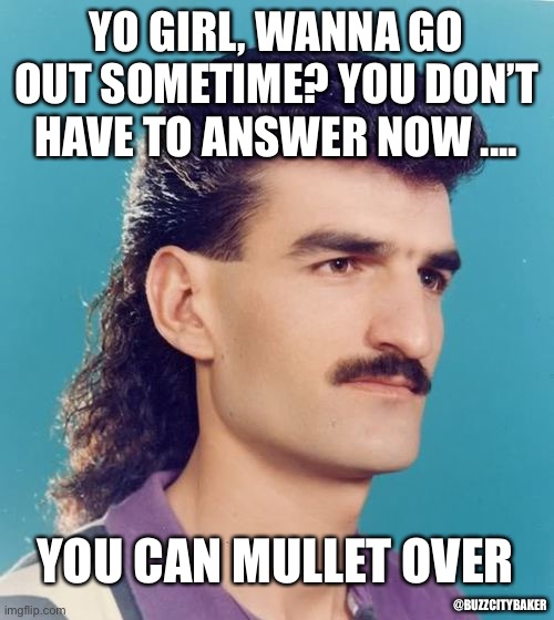 Mullet | YO GIRL, WANNA GO OUT SOMETIME? YOU DON’T HAVE TO ANSWER NOW .... YOU CAN MULLET OVER; @BUZZCITYBAKER | image tagged in mullet | made w/ Imgflip meme maker