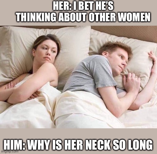 Angry wife in bed flipped | HER: I BET HE’S THINKING ABOUT OTHER WOMEN; HIM: WHY IS HER NECK SO LONG | image tagged in angry wife in bed flipped | made w/ Imgflip meme maker