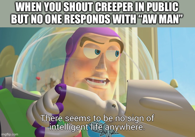 There seems to be no sign of intelligent life anywhere | WHEN YOU SHOUT CREEPER IN PUBLIC BUT NO ONE RESPONDS WITH “AW MAN” | image tagged in there seems to be no sign of intelligent life anywhere | made w/ Imgflip meme maker