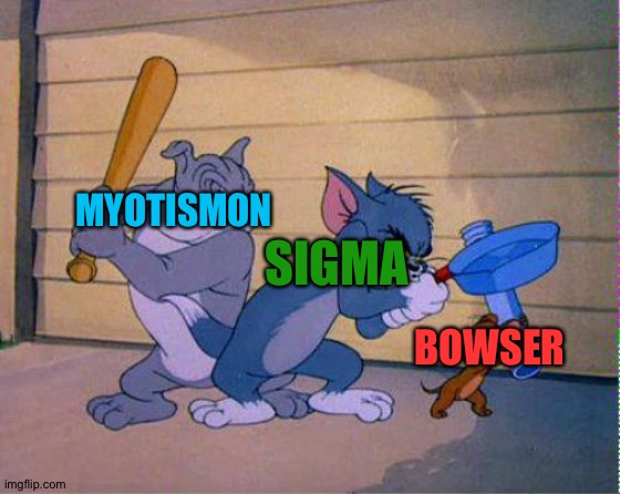 The melee of villains | MYOTISMON; SIGMA; BOWSER | image tagged in tom and jerry 3 way brawl | made w/ Imgflip meme maker