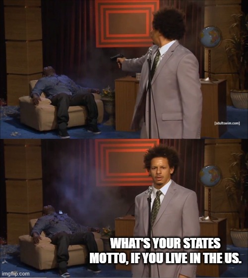 Mine is "Virginia is for lovers" | WHAT'S YOUR STATES MOTTO, IF YOU LIVE IN THE US. | image tagged in memes,who killed hannibal | made w/ Imgflip meme maker