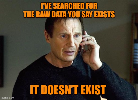 Liam Neeson Taken 2 Meme | I’VE SEARCHED FOR THE RAW DATA YOU SAY EXISTS IT DOESN’T EXIST | image tagged in memes,liam neeson taken 2 | made w/ Imgflip meme maker