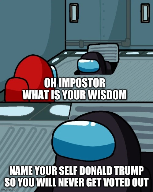 USA VOTING | OH IMPOSTOR WHAT IS YOUR WISDOM; NAME YOUR SELF DONALD TRUMP SO YOU WILL NEVER GET VOTED OUT | image tagged in impostor of the vent | made w/ Imgflip meme maker
