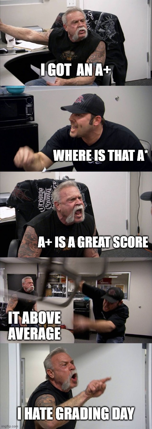 American Chopper Argument | I GOT  AN A+; WHERE IS THAT A*; A+ IS A GREAT SCORE; IT ABOVE AVERAGE; I HATE GRADING DAY | image tagged in memes,american chopper argument | made w/ Imgflip meme maker