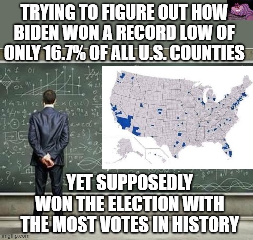 Common Core Math, maybe? | TRYING TO FIGURE OUT HOW BIDEN WON A RECORD LOW OF ONLY 16.7% OF ALL U.S. COUNTIES; YET SUPPOSEDLY WON THE ELECTION WITH THE MOST VOTES IN HISTORY | image tagged in when you're trying to figure out | made w/ Imgflip meme maker