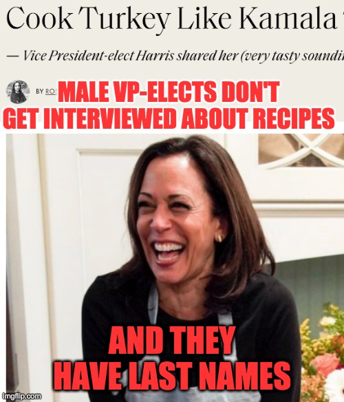 There's still a long way to go. Why not "This Thanksgiving, grill your boneheaded uncle like Senator Harris grills a witness?" | MALE VP-ELECTS DON'T GET INTERVIEWED ABOUT RECIPES; AND THEY HAVE LAST NAMES | image tagged in sexism,kamala harris,election,thanksgiving,turkey | made w/ Imgflip meme maker