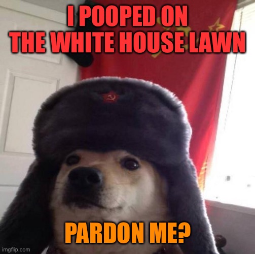 Russian Doge | I POOPED ON THE WHITE HOUSE LAWN PARDON ME? | image tagged in russian doge | made w/ Imgflip meme maker