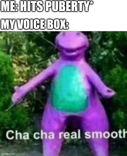 Puberty took a dump on me | ME: HITS PUBERTY*; MY VOICE BOX: | image tagged in cha cha real smooth,puberty,voice | made w/ Imgflip meme maker