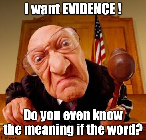 Mean Judge | I want EVIDENCE ! Do you even know the meaning if the word? | image tagged in mean judge | made w/ Imgflip meme maker