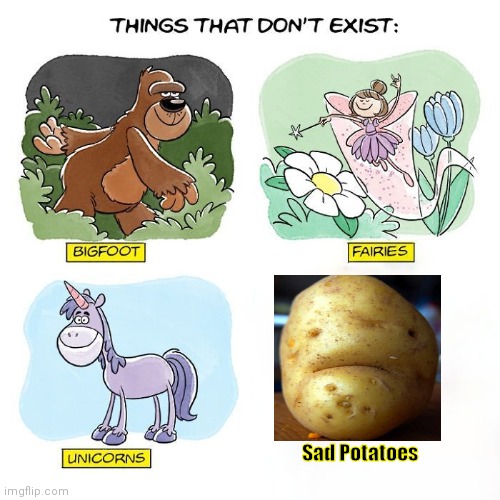 THEY DON'T EXIST |  Sad Potatoes | image tagged in things that don't exist,sad potato,potatoes,fairy,bigfoot,unicorn | made w/ Imgflip meme maker