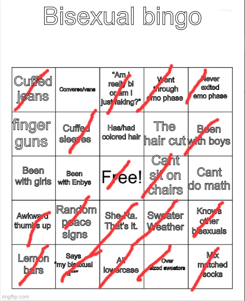 It prolly sucks u don’t have to do it | Bisexual bingo; “Am I really bi or am I just faking?”; Converse/vans; Never exited emo phase; Cuffed jeans; Went through emo phase; Has/had colored hair; finger guns; Been with boys; The hair cut; Cuffed sleeves; Cant sit on chairs; Been with girls; Cant do math; Been with Enbys; Awkward thumbs up; Random peace signs; Knows other bisexuals; She-Ra. That’s it. Sweater Weather; Says “my bisexual a**”; Mix matched socks; Lemon bars; All lowercase; Over sized sweaters | image tagged in blank bingo | made w/ Imgflip meme maker