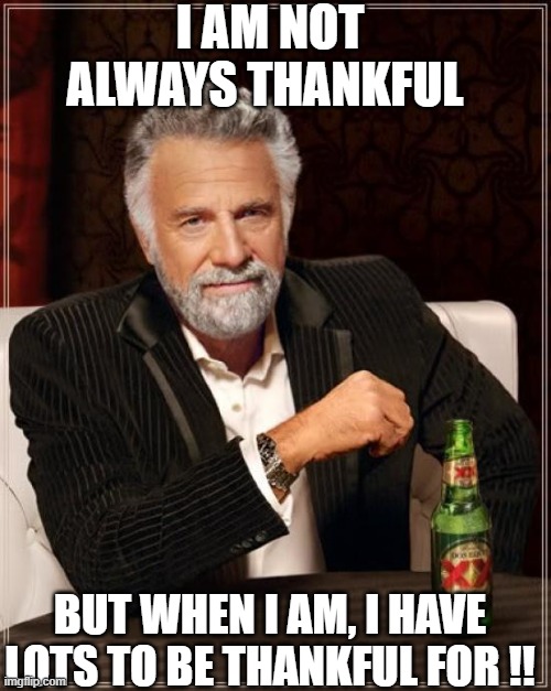 The Most Interesting Man In The World Meme | I AM NOT ALWAYS THANKFUL; BUT WHEN I AM, I HAVE LOTS TO BE THANKFUL FOR !! | image tagged in memes,the most interesting man in the world | made w/ Imgflip meme maker