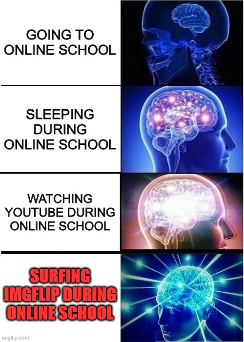 Online School (I'm Definitely the last one) | GOING TO ONLINE SCHOOL; SLEEPING DURING ONLINE SCHOOL; WATCHING YOUTUBE DURING ONLINE SCHOOL; SURFING IMGFLIP DURING ONLINE SCHOOL | image tagged in memes,expanding brain | made w/ Imgflip meme maker