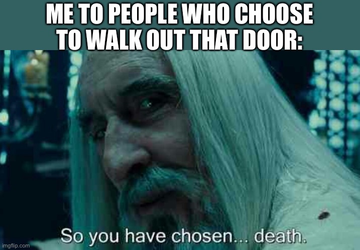So you have chosen death | ME TO PEOPLE WHO CHOOSE TO WALK OUT THAT DOOR: | image tagged in so you have chosen death | made w/ Imgflip meme maker