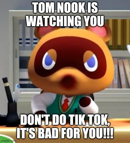 Tom nook | TOM NOOK IS WATCHING YOU; DON'T DO TIK TOK, IT'S BAD FOR YOU!!! | image tagged in tom nook | made w/ Imgflip meme maker