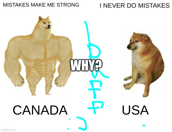 canada | MISTAKES MAKE ME STRONG; I NEVER DO MISTAKES; WHY? CANADA; USA | image tagged in memes,buff doge vs cheems | made w/ Imgflip meme maker