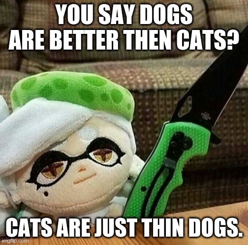 catz | YOU SAY DOGS ARE BETTER THEN CATS? CATS ARE JUST THIN DOGS. | image tagged in marie plush with a knife | made w/ Imgflip meme maker