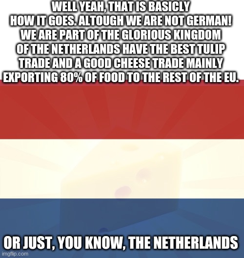 WELL YEAH, THAT IS BASICLY HOW IT GOES. ALTOUGH WE ARE NOT GERMAN! WE ARE PART OF THE GLORIOUS KINGDOM OF THE NETHERLANDS HAVE THE BEST TULI | image tagged in cheese time | made w/ Imgflip meme maker