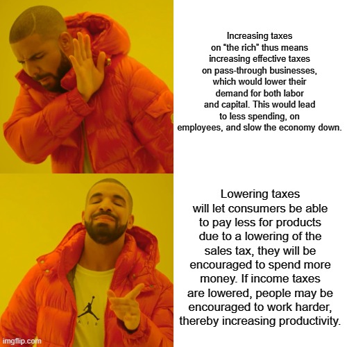 Just another reason why lowering taxes is good for everyone. Taxing the "rich" means it will effect you too | Increasing taxes on “the rich” thus means increasing effective taxes on pass-through businesses, which would lower their demand for both labor and capital. This would lead to less spending, on employees, and slow the economy down. Lowering taxes will let consumers be able to pay less for products due to a lowering of the sales tax, they will be encouraged to spend more money. If income taxes are lowered, people may be encouraged to work harder, thereby increasing productivity. | image tagged in memes,drake hotline bling | made w/ Imgflip meme maker