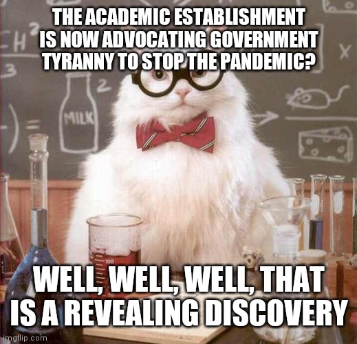 Hey Poindexter !                                              You dropped your facade | THE ACADEMIC ESTABLISHMENT IS NOW ADVOCATING GOVERNMENT TYRANNY TO STOP THE PANDEMIC? WELL, WELL, WELL, THAT IS A REVEALING DISCOVERY | image tagged in cat scientist | made w/ Imgflip meme maker