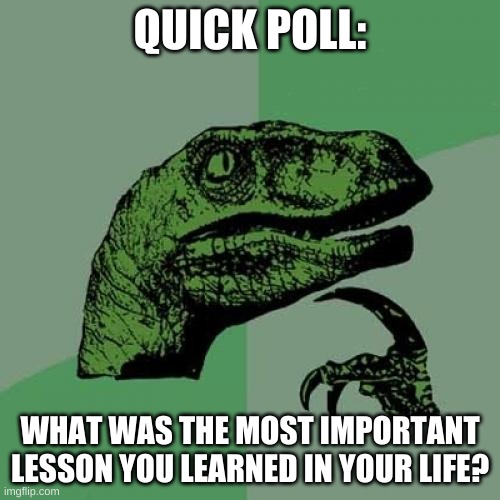 question cuz why not | QUICK POLL:; WHAT WAS THE MOST IMPORTANT LESSON YOU LEARNED IN YOUR LIFE? | image tagged in memes,philosoraptor,polls | made w/ Imgflip meme maker