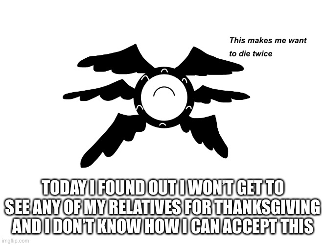 it would hurt ya too if you were desperate for company as much as i am | TODAY I FOUND OUT I WON’T GET TO SEE ANY OF MY RELATIVES FOR THANKSGIVING AND I DON’T KNOW HOW I CAN ACCEPT THIS | image tagged in novalis this makes me want to die twice | made w/ Imgflip meme maker