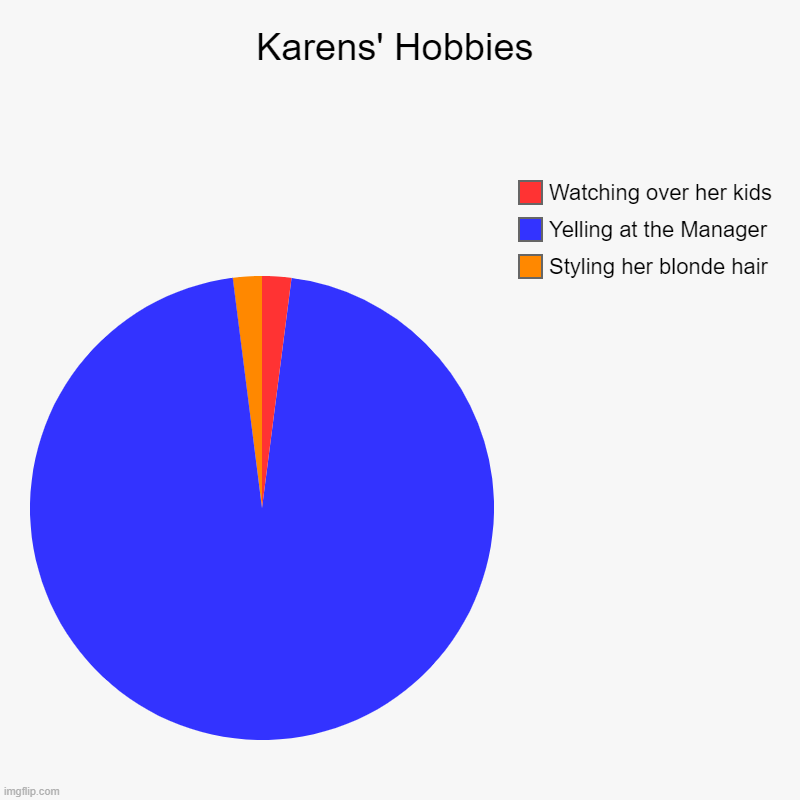 Very true, no doubt. | Karens' Hobbies | Styling her blonde hair, Yelling at the Manager , Watching over her kids | image tagged in charts,pie charts | made w/ Imgflip chart maker