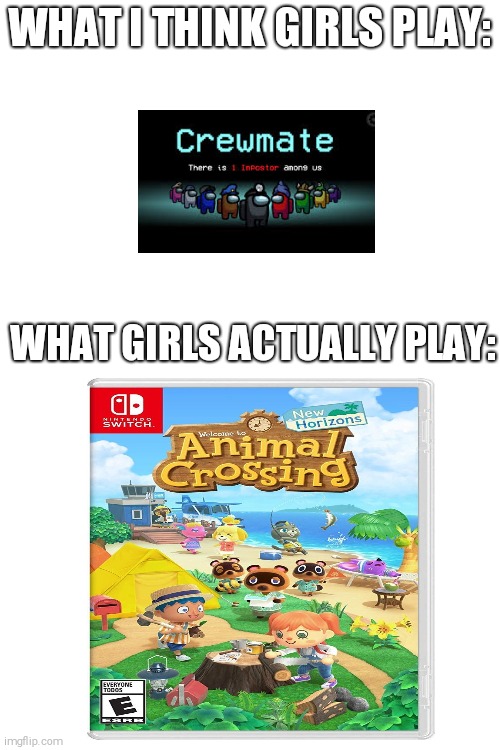 What girls may play | WHAT I THINK GIRLS PLAY:; WHAT GIRLS ACTUALLY PLAY: | image tagged in blank white template,among us,animal crossing | made w/ Imgflip meme maker