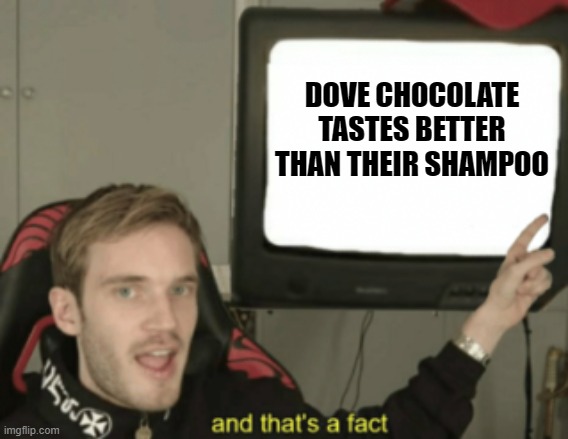 So yeah. | DOVE CHOCOLATE TASTES BETTER THAN THEIR SHAMPOO | image tagged in and that's a fact | made w/ Imgflip meme maker