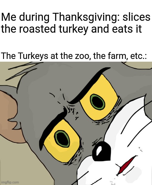 Thanksgiving Turkey | Me during Thanksgiving: slices the roasted turkey and eats it; The Turkeys at the zoo, the farm, etc.: | image tagged in memes,unsettled tom,turkey,thanksgiving,funny,tom and jerry | made w/ Imgflip meme maker
