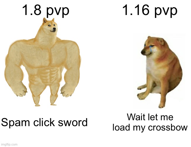 Buff Doge vs. Cheems | 1.8 pvp; 1.16 pvp; Spam click sword; Wait let me load my crossbow | image tagged in memes,buff doge vs cheems | made w/ Imgflip meme maker