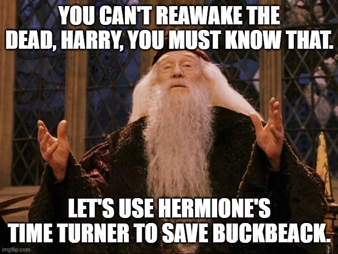 Yeah, right. | YOU CAN'T REAWAKE THE DEAD, HARRY, YOU MUST KNOW THAT. LET'S USE HERMIONE'S TIME TURNER TO SAVE BUCKBEACK. | image tagged in dumbledore,time travel,dead | made w/ Imgflip meme maker