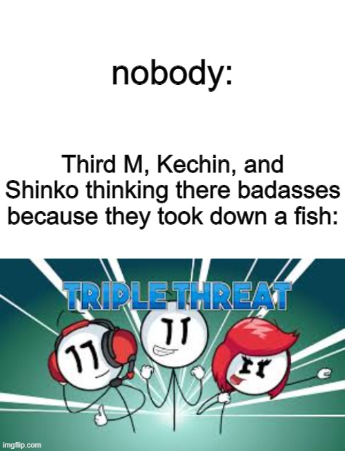 spoilers to new OC im making | nobody:; Third M, Kechin, and Shinko thinking there badasses because they took down a fish: | image tagged in blank white template,triple threat | made w/ Imgflip meme maker