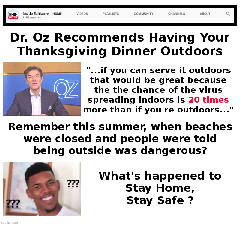 What's Happened To Stay Home, Stay Safe? | image tagged in dr oz,inside edition,thanksgiving,coronavirus,lockdown,forever | made w/ Imgflip meme maker