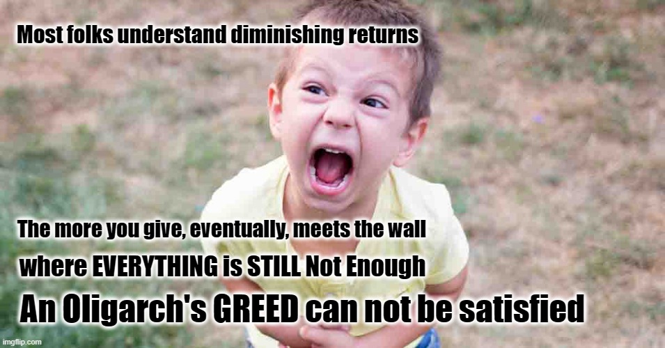 Unsatisfiable Greed | Most folks understand diminishing returns; The more you give, eventually, meets the wall; where EVERYTHING is STILL Not Enough; An Oligarch's GREED can not be satisfied | image tagged in greed,tantrum,self | made w/ Imgflip meme maker