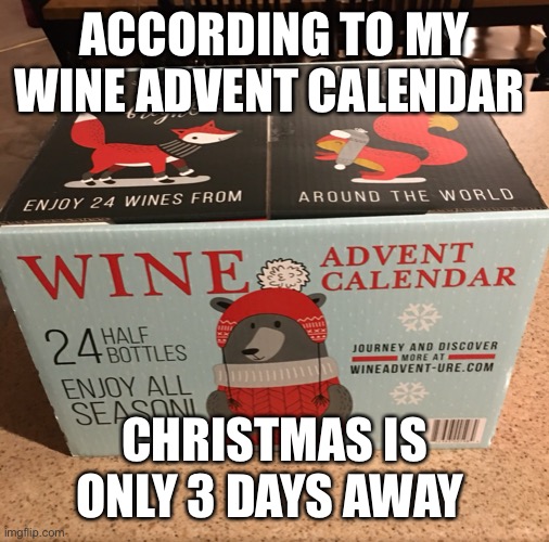 Wine calendar | ACCORDING TO MY WINE ADVENT CALENDAR; CHRISTMAS IS ONLY 3 DAYS AWAY | image tagged in adventchristmas | made w/ Imgflip meme maker