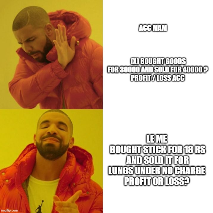 TT | ACC MAM                                                                               
 (X) BOUGHT GOODS FOR 30000 AND SOLD FOR 40000 ?
PROFIT / LOSS ACC; LE ME 
BOUGHT STICK FOR 18 RS AND SOLD IT FOR LUNGS UNDER NO CHARGE 
PROFIT OR LOSS? | image tagged in drake blank | made w/ Imgflip meme maker