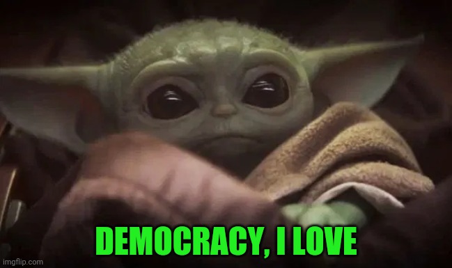 Baby Yoda | DEMOCRACY, I LOVE | image tagged in baby yoda | made w/ Imgflip meme maker