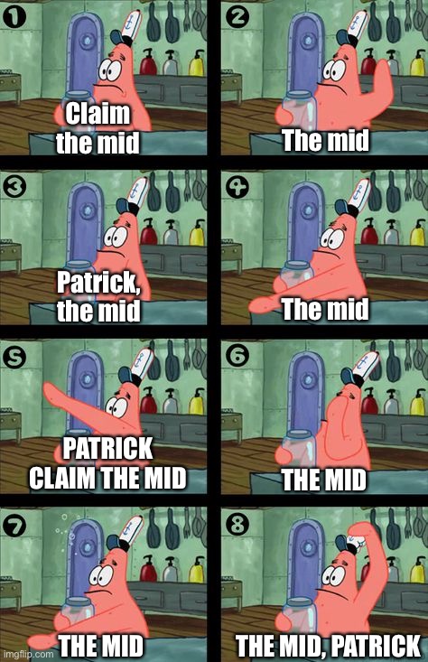 spongebob lid | Claim the mid; The mid; Patrick, the mid; The mid; PATRICK CLAIM THE MID; THE MID; THE MID, PATRICK; THE MID | image tagged in spongebob lid,Saltoon | made w/ Imgflip meme maker